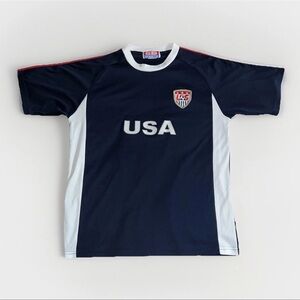 U.S. Soccer Team Jersey Men Medium Blue Logo Crest Stripe EB Sports Futbol Tee